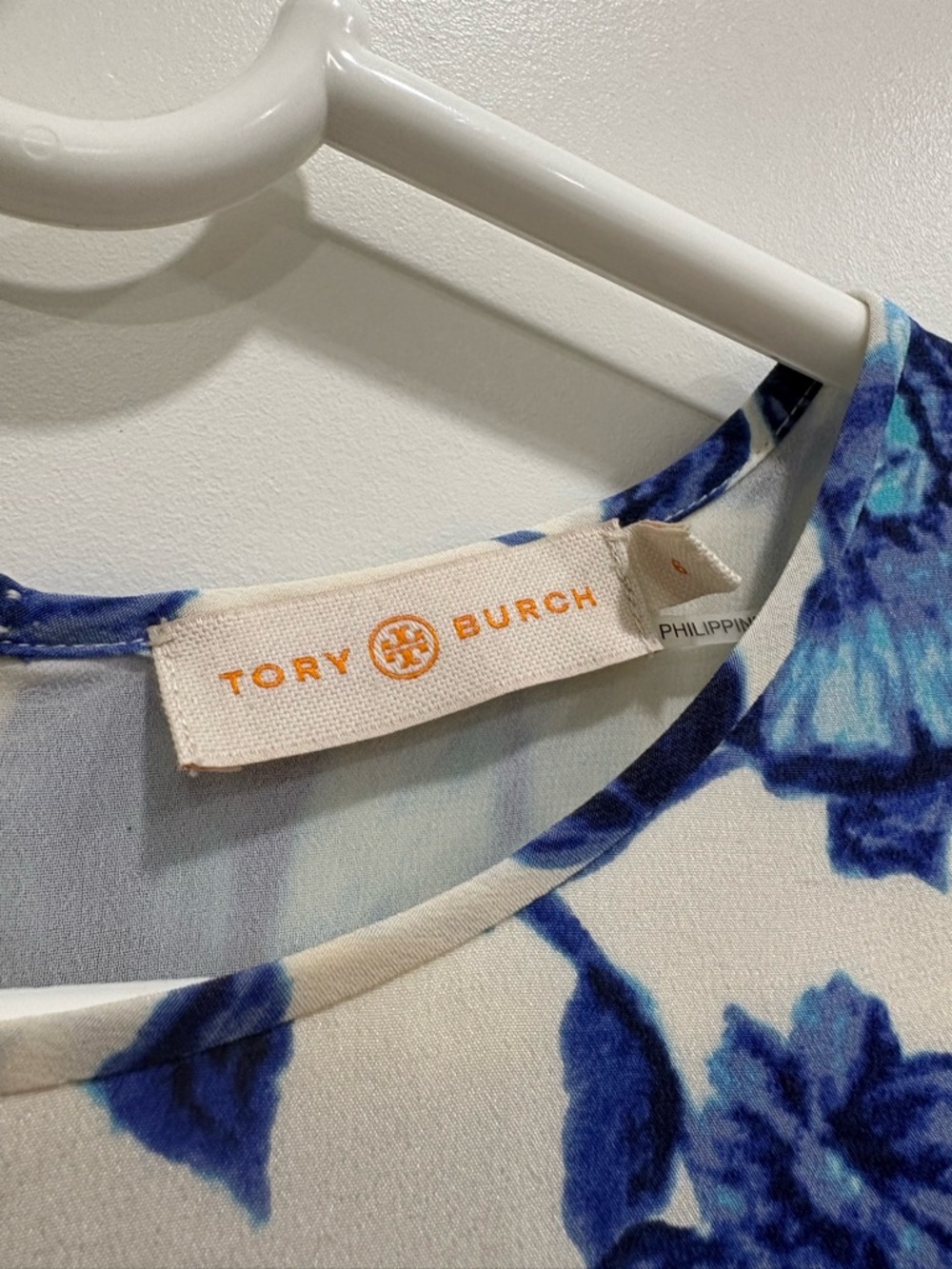 Tory Burch White Dress with Blue Floral Print - Long Sleeve - Picture 2 of 4